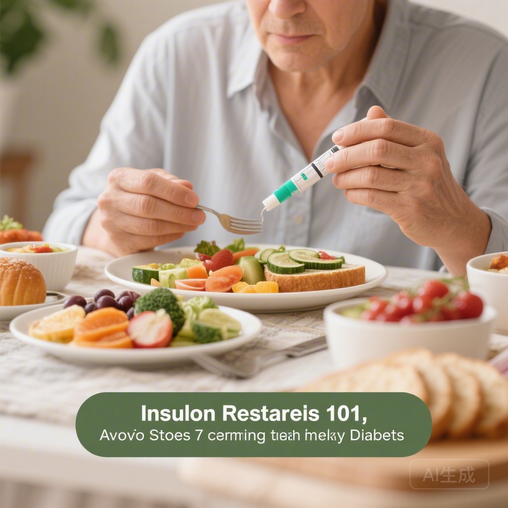Infographic-style illustration of insulin function and insulin resistance in the human body, with healthy food and exercise icons in the background