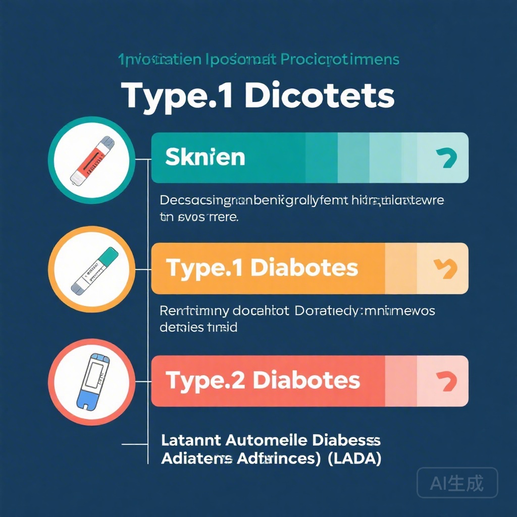 Infographic comparing key symptoms, diagnosis timelines, and risk factors for Type 1 Diabetes, Type 2 Diabetes, and Latent Autoimmune Diabetes in Adults (LADA