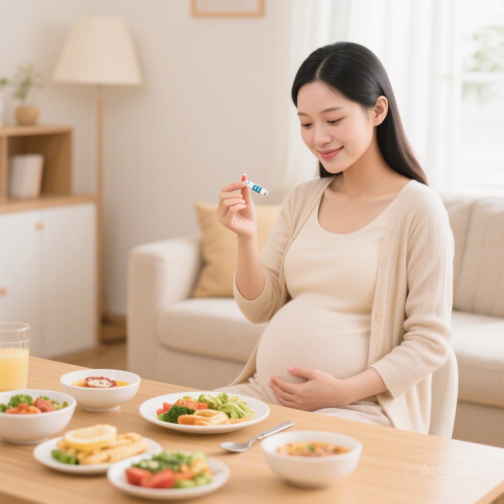 妊娠糖尿病科普宣传图，包含孕妈测量指尖血糖、搭配孕期健康餐的温馨场景