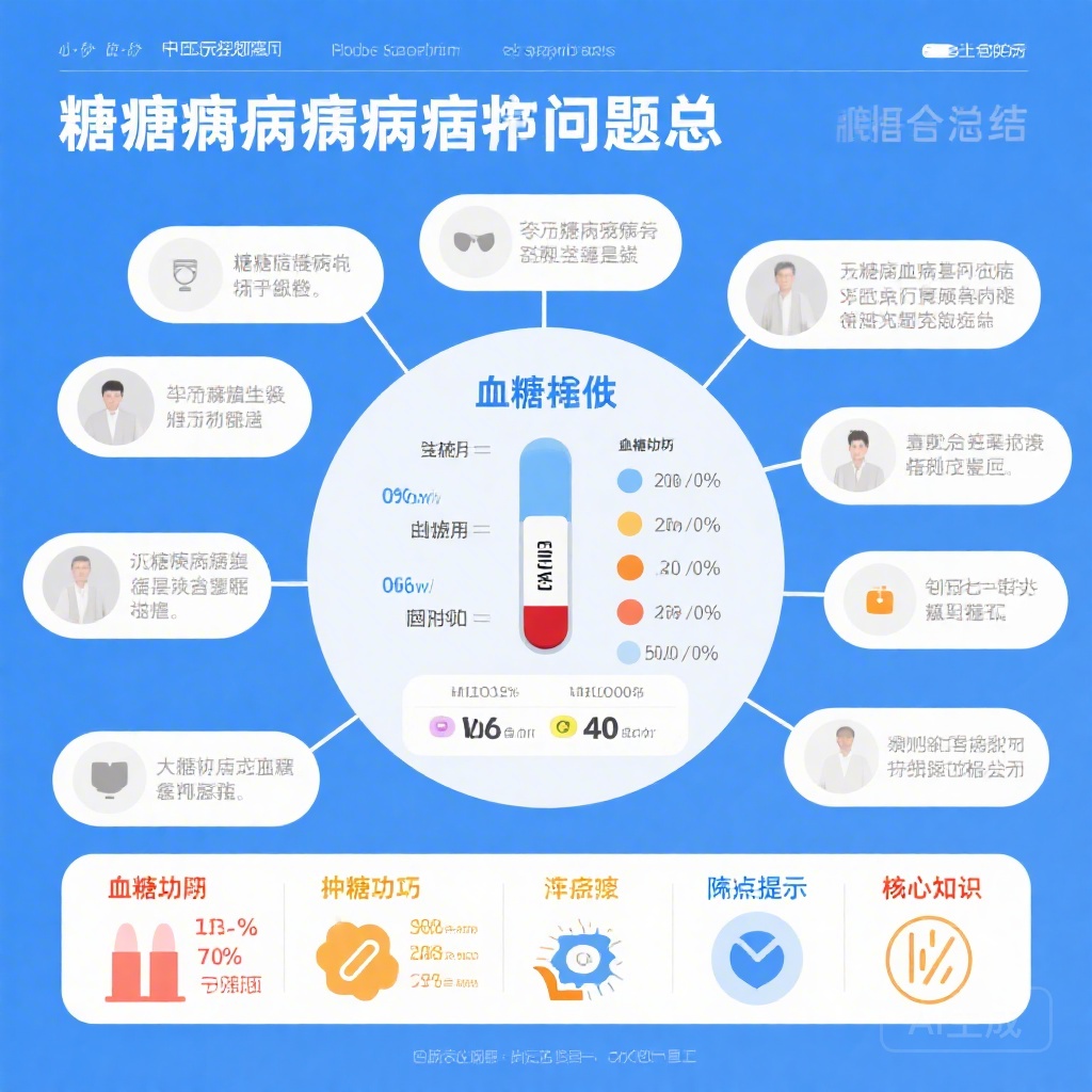 糖尿病常见问题科普总结图，包含血糖标准、控糖技巧、避坑提示等核心知识点