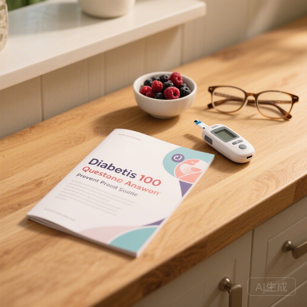Diabetes 100 questions answers prevention guide booklet laid out on a wooden counter next to a blood glucose monitor, a small bowl of berries, and a pair of reading glasses, soft natural lighting