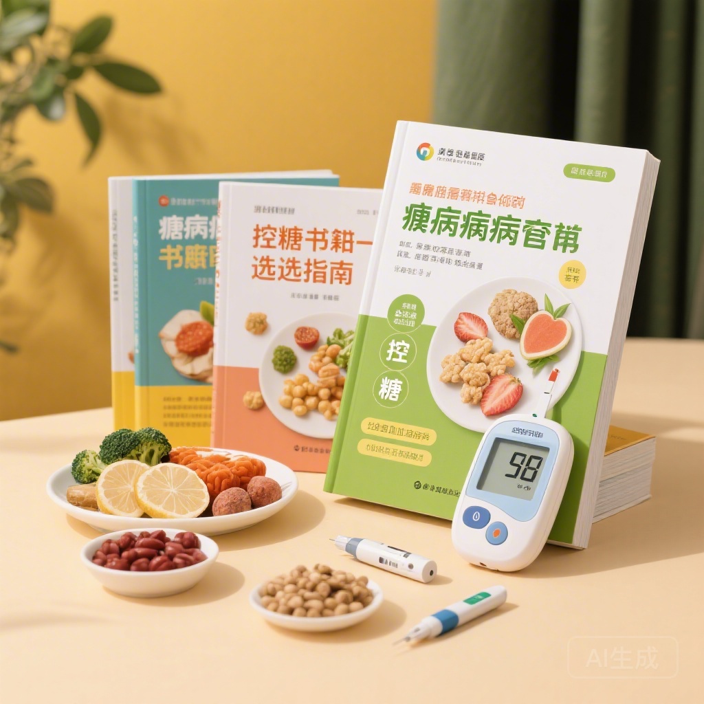 糖尿病科普书籍选购指南配图，包含控糖食材、血糖监测仪、科普书籍组合