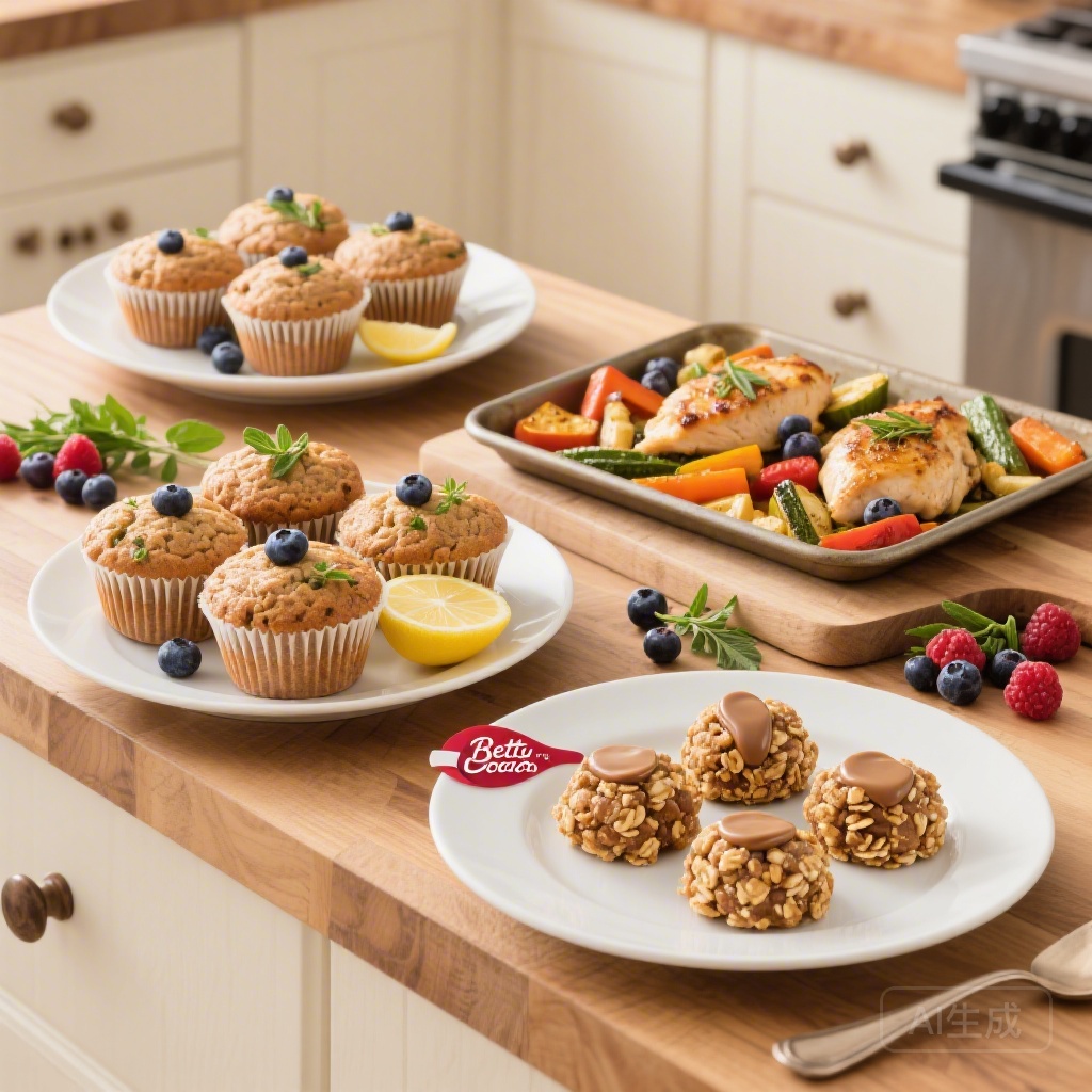 Spread of 3 easy diabetic-friendly Betty Crocker recipes: whole grain blueberry muffins, lemon herb sheet pan chicken with roasted veggies, and no-bake peanut butter oat bites, arranged on a wooden kitchen counter with fresh berries and herbs as garnish