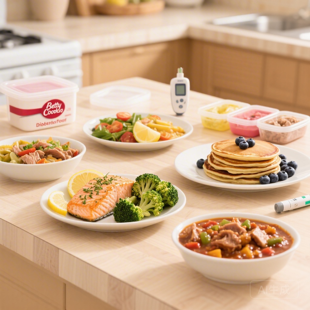 A spread of easy, homemade Betty Crocker diabetic-friendly meals including lemon herb baked salmon, roasted broccoli, low-sugar blueberry pancakes, and turkey veggie chili arranged on a light wooden kitchen counter, with a small blood glucose meter and portioned meal containers in the background