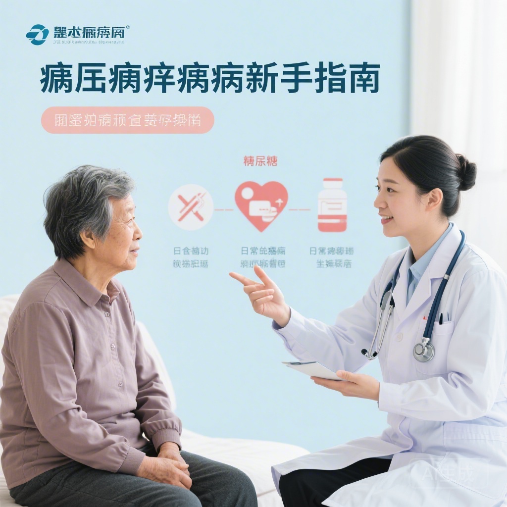 糖尿病新手指南科普宣传图，内容为医护人员给刚确诊的糖尿病患者讲解日常控糖注意事项