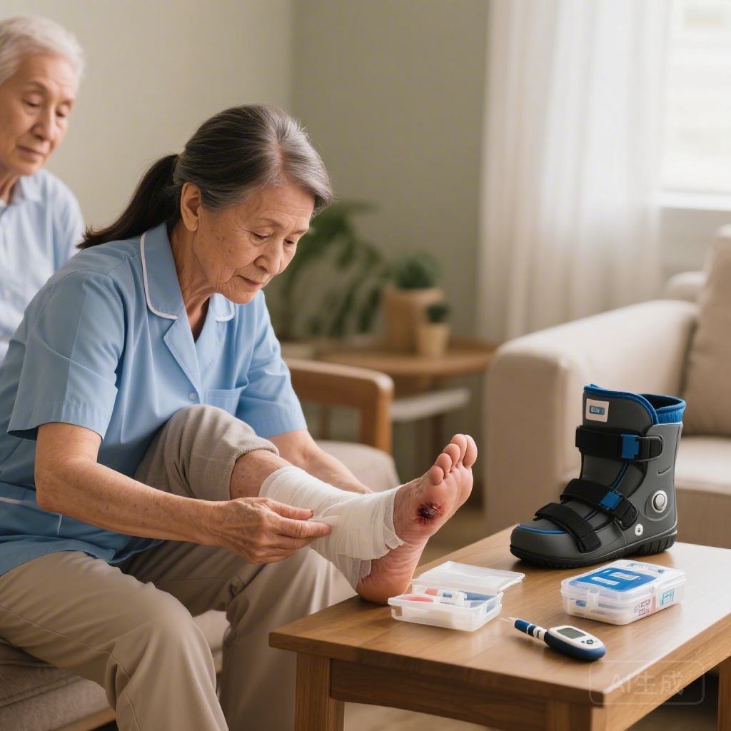 Caregiver helping a senior patient with diabetes inspect and dress a foot ulcer at home, with a wound care kit, blood glucose meter and offloading boot placed on the nearby side table